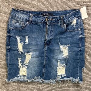 Wax Jean Frayed Blue Denim Mini Skirt